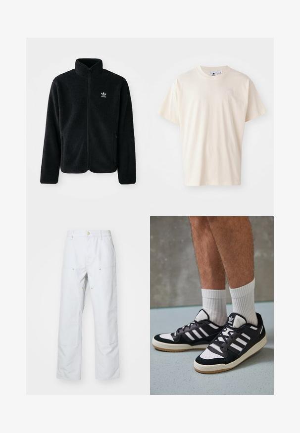 Zwarte fleece jacket met hoge kraag, ritssluiting aan de voorkant en voorzakken. Kenmerkt zich door textuurstof en een klein wit logo op de linkerborst.; Crème katoenen t-shirt met een ronde halslijn en korte mouwen; heeft een klein, lichtgekleurde logo op de borst.; Lichtgrijze wijde broek gemaakt van een katoenmix. Bevat twee voorzakken, zichtbare naden en accenten van goudkleurige knopen.; Zwart-witte sneakers met een bovenwerk van suede en leer, voorzien van drie witte strepen, een geperforeerde neus en een rubberen gumzool.