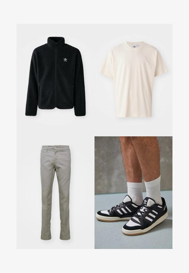 Čierna fleecová bunda s vysokým golierom, zipsom na prednej strane a prednými vreckami. Obsahuje textúrovanú tkaninu a malé biele logo na ľavej hrudi.; Krémové bavlnené tričko s okrúhlym výstrihom a krátkymi rukávmi; má malé, svetlého odtieňa logo na hrudi.; Carhartt WIP SID PANT - Nohavice - misty grey; Čierno-biele tenisky s vrchom z semišu a kože, s troma bielymi pruhmi, perforovanou špičkou a gumovou podrážkou.