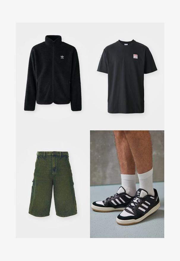 Fekete bolyhos dzseki magas gallérral, cipzáros elejével és elülső zsebeivel. Texturált anyaga és kis fehér logója van a bal mellen.; Fekete pamut póló kerek nyakkal, rövid ujjakkal és egy kis színes címkével a bal mellrészen, amelyen a "SUPERIOR" szó szerepel.; Zöld farmer cargo sort, laza szabással, oldalsó zsebekkel és gombos zárással. Kopott hatású textúra és egyenes szabás.; Fekete-fehér tornacipők velúr és bőr felsőrésszel, három fehér csíkkal, perforált orral és gumi talppal.
