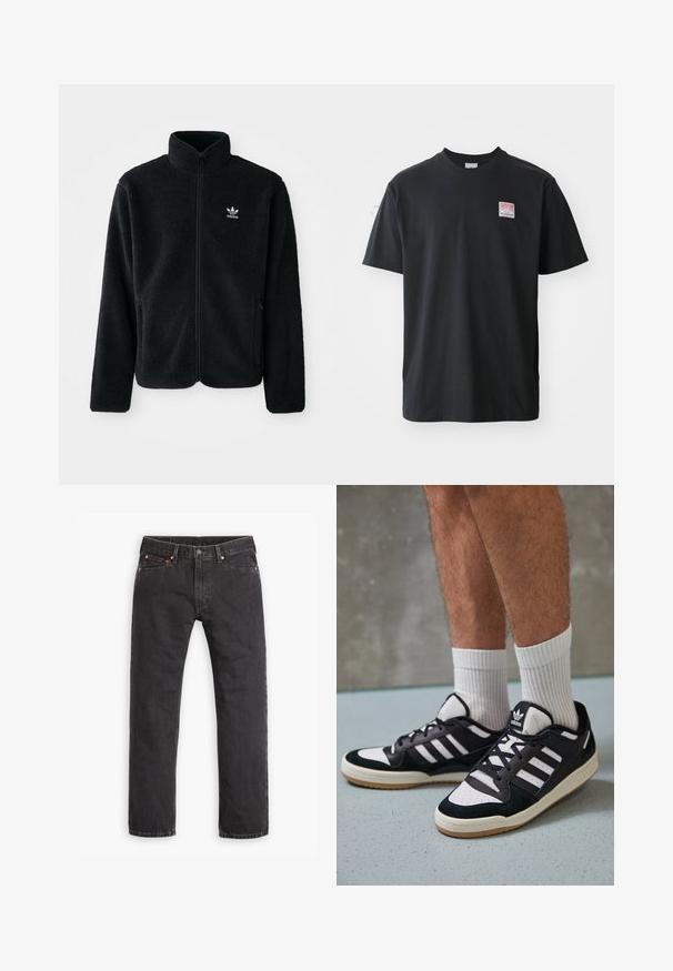 Casaco de fleece preto com gola alta, fecho de correr à frente e bolsos frontais. Apresenta um tecido texturizado e um pequeno logo branco no lado esquerdo do peito.; T-shirt de algodão preto com decote redondo, mangas curtas e uma pequena etiqueta colorida no lado esquerdo do peito com a palavra "SUPERIOR."; Jeans de denim pretos de perna reta com cinco bolsos, fecho de botão e rebites de cobre, dispostos sobre um fundo branco.; Ténis em preto e branco com upper em camurça e couro, apresentando três riscas brancas, um toe perfurado e uma sola em borracha de goma.