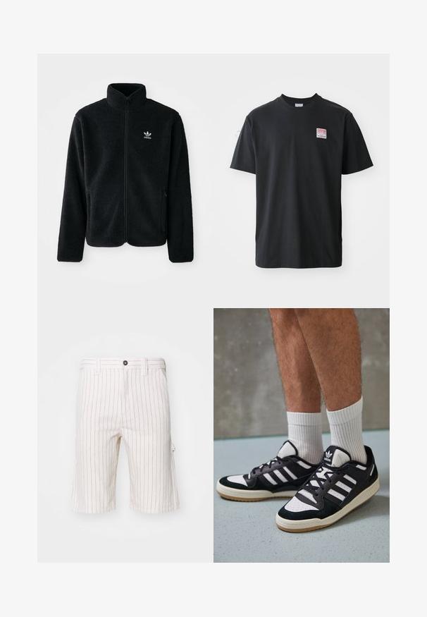 Črna flis jakna z visokim ovratnikom, z zadrgo spredaj in sprednjimi žepi. Ima strukturno blago in majhno belo logo na levi strani prsnega koša.; Črna bombažna majica s kratkimi rokavi in okroglim ovratnikom ter majhno obarvano nalepko na levem prsnem delu, na kateri je napisano "SUPERIOR".; Bele kratke hlače iz blaga, lahkega in udobnega, z rdečimi navpičnimi črtami. Imajo gumbasto zapiranje in stranske žepe.; Črno-bele superge z zgornjim delom iz usnja in nubuka, ki imajo tri bele črte, perforiran vrh prstov in podplat iz gume.