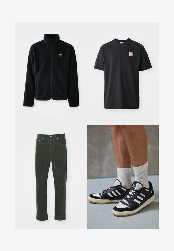 Black fleece jacket with high collar, zip front, and front pockets. Features textured fabric and small white logo on left chest.; Black cotton t-shirt with a crew neck, short sleeves, and a small colored label on the left chest featuring the word "SUPERIOR."; Green corduroy pants with a straight-leg design, featuring five pockets, metal button closure, and textured ribbed surface.; Black and white sneakers with a suede and leather upper, featuring three white stripes, a perforated toe, and a gum rubber sole.