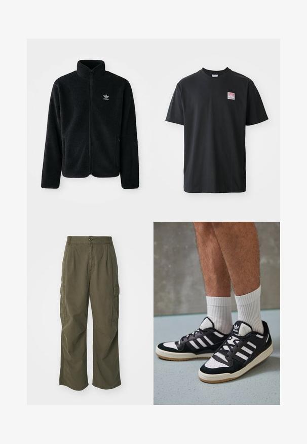 Casaco de fleece preto com gola alta, fecho de correr à frente e bolsos frontais. Apresenta um tecido texturizado e um pequeno logo branco no lado esquerdo do peito.; T-shirt de algodão preto com decote redondo, mangas curtas e uma pequena etiqueta colorida no lado esquerdo do peito com a palavra "SUPERIOR."; Calças cargo em verde oliva, feitas de algodão, com um design de perna larga, pregas e bolsos laterais para utilidade.; Ténis em preto e branco com upper em camurça e couro, apresentando três riscas brancas, um toe perfurado e uma sola em borracha de goma.
