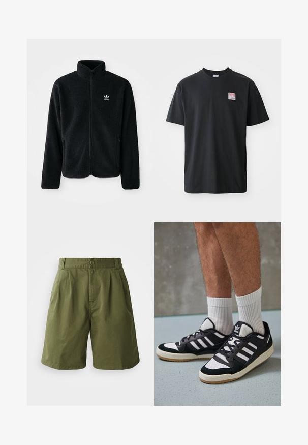 Schwarze Fleecejacke mit hohem Kragen, durchgehendem Reißverschluss und Fronttaschen. Verfügt über strukturiertes Material und ein kleines weißes Logo auf der linken Brust.; Schwarzes Baumwoll-T-Shirt mit Rundhalsausschnitt, kurzen Ärmeln und einem kleinen farbigen Etikett auf der linken Brust, das das Wort "SUPERIOR" zeigt.; Olivgrüne Shorts aus leichtem Material, mit gefaltetem Vorderteil, Knopfverschluss und Seitentaschen, im geraden Schnitt.; Schwarz-weiße Sneaker mit einem Obermaterial aus Wildleder und Leder, ausgestattet mit drei weißen Streifen, einer perforierten Zehenpartie und einer Sohle aus Gummi.