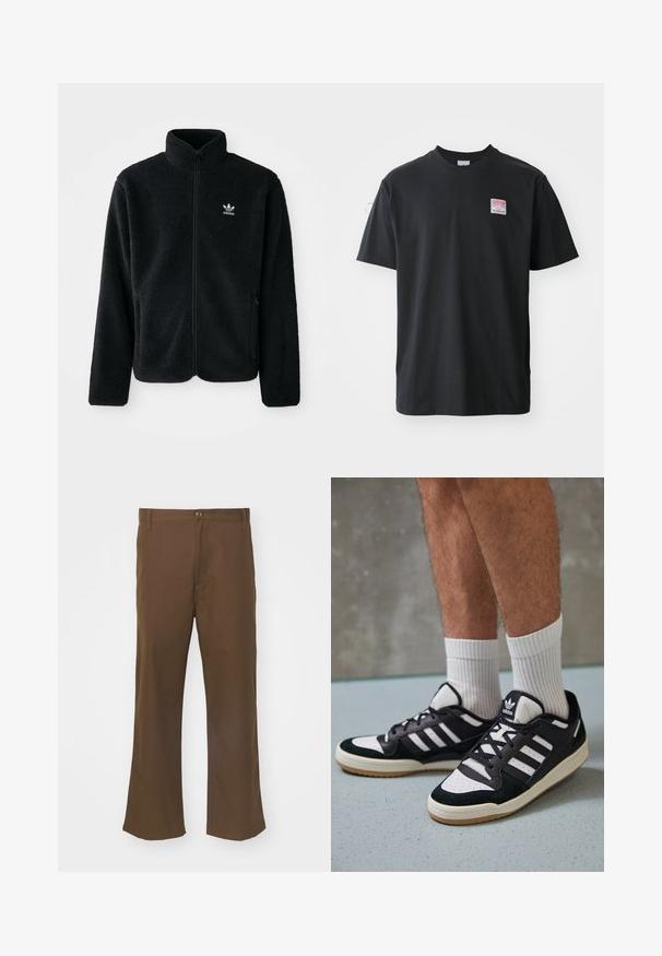 Casaco de fleece preto com gola alta, fecho de correr à frente e bolsos frontais. Apresenta um tecido texturizado e um pequeno logo branco no lado esquerdo do peito.; T-shirt de algodão preto com decote redondo, mangas curtas e uma pequena etiqueta colorida no lado esquerdo do peito com a palavra "SUPERIOR."; Calças largas castanhas feitas de tecido suave, com fecho de botão, apresentando bolsos frontais e costuras direitas ao longo das pernas.; Ténis em preto e branco com upper em camurça e couro, apresentando três riscas brancas, um toe perfurado e uma sola em borracha de goma.