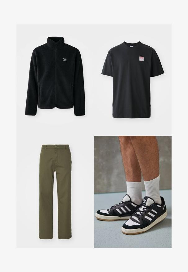 Must värviline fleecedee peasärk kõrge kraega, tõmblukuga esiosa ja esikotid. Omab tekstuuriga kangast ja väikest valget logo vasakul rinnal.; Must musternärviga T-särk ümarate krae, lühikeste varrukatega ning vasakul rinnal väike värviline etikett sõnaga "SUPERIOR."; Oliivrohelised püksid otse lõikega, nööp- ja tõmblukuga kinnitamine ning küljetaskud. Kangas näib sile, millel on kerge tekstuur.; Mustvalged ja valged spordijalatsid, mille pealmine osa on valmistatud suede'ist ja nahast. Kingadel on kolm valget riba, auguline varvas ja kummist tald.