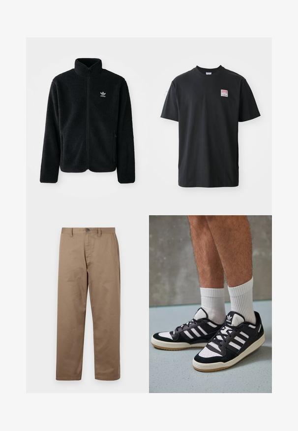 Černá fleecová bunda s vysokým límcem, předním zipem a předními kapsami. Disponuje strukturovanou tkaninou a malým bílým logem na levé hrudi.; Černé bavlněné tričko s kulatým výstřihem, krátkými rukávy a malou barevnou nálepkou na levé straně hrudi, která nese slovo "SUPERIOR."; Hnědé bavlněné kalhoty s rovným střihem, s knoflíkovým zapínáním, bočními kapsami a hladkou texturou. Žádné viditelné vzory nebo akcenty.; Černobílé tenisky s vrchní částí z semišové a kožené kůže, včetně tří bílých pruhů, perforovaného špičky a podrážky z gumy.