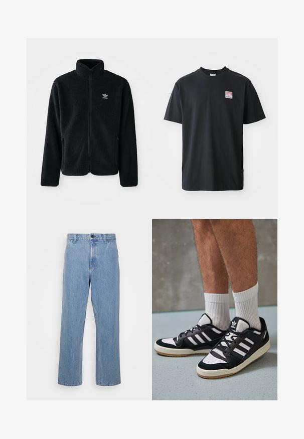 Must värviline fleecedee peasärk kõrge kraega, tõmblukuga esiosa ja esikotid. Omab tekstuuriga kangast ja väikest valget logo vasakul rinnal.; Must musternärviga T-särk ümarate krae, lühikeste varrukatega ning vasakul rinnal väike värviline etikett sõnaga "SUPERIOR."; Heledad sinised teksad otsejalaga, millel on nupuvääramine ja vöökonksud. Kanga pinnal on kerge pleekinud tekstuur.; Mustvalged ja valged spordijalatsid, mille pealmine osa on valmistatud suede'ist ja nahast. Kingadel on kolm valget riba, auguline varvas ja kummist tald.