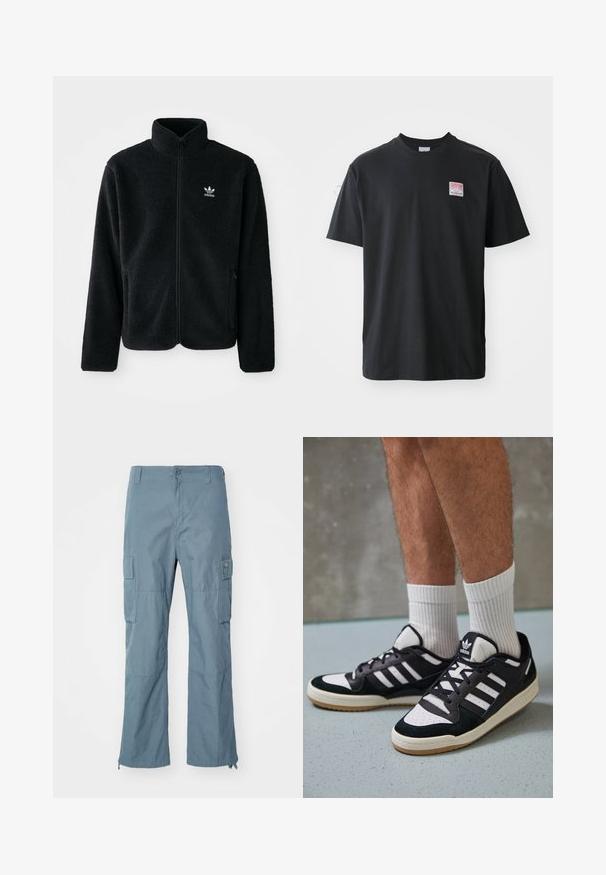 Casaco de fleece preto com gola alta, fecho de correr à frente e bolsos frontais. Apresenta um tecido texturizado e um pequeno logo branco no lado esquerdo do peito.; T-shirt de algodão preto com decote redondo, mangas curtas e uma pequena etiqueta colorida no lado esquerdo do peito com a palavra "SUPERIOR."; Calças cargo azul claro feitas de tecido durável. As características incluem bolsos cargo, uma abertura de perna com fecho éclair e um fecho de botão.; Ténis em preto e branco com upper em camurça e couro, apresentando três riscas brancas, um toe perfurado e uma sola em borracha de goma.