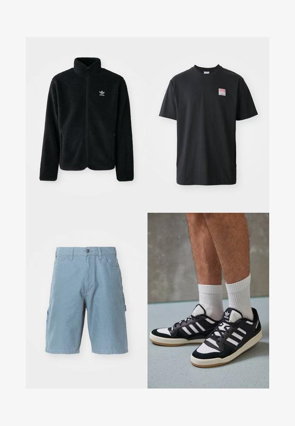 Sort fleecejakke med høj krave, lynlås foran og frontlommer. Har tekstureret stof og lille hvidt logo på venstre bryst.; Sort bomuld t-shirt med rund hals, korte ærmer og et lille farvet mærke på venstre bryst med ordet "SUPERIOR."; Blå bomulds cargo shorts med lige snit, der har front- og sidelommer, knaplukning og et struktureret stof.; Sorte og hvide sneakers med en overdel i ruskind og læder, der har tre hvide striber, en perforeret tå og en sål i gummigummi.