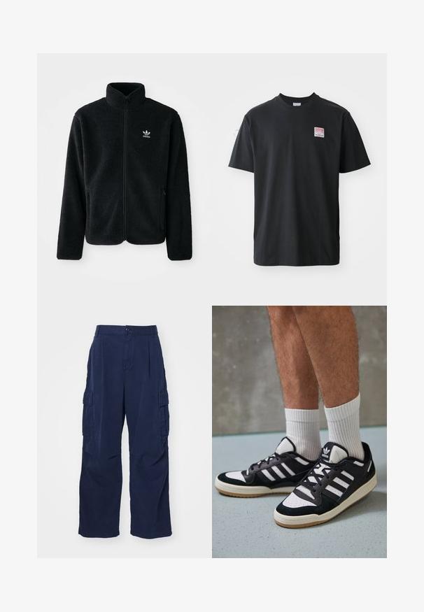 Črna flis jakna z visokim ovratnikom, z zadrgo spredaj in sprednjimi žepi. Ima strukturno blago in majhno belo logo na levi strani prsnega koša.; Črna bombažna majica s kratkimi rokavi in okroglim ovratnikom ter majhno obarvano nalepko na levem prsnem delu, na kateri je napisano "SUPERIOR".; Morske cargo hlače iz bombaža s sproščenim krojem. Imajo dve stranski žepu in gumbasto zapiranje v pasu. Gladka tekstura in ravne noge.; Črno-bele superge z zgornjim delom iz usnja in nubuka, ki imajo tri bele črte, perforiran vrh prstov in podplat iz gume.