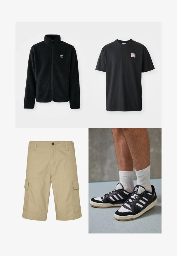 Giacca in pile nera con colletto alto, chiusura zip frontale e tasche anteriori. Presenta un tessuto testurizzato e un piccolo logo bianco sul lato sinistro del petto.; T-shirt in cotone nero con collo rotondo, maniche corte e una piccola etichetta colorata sul petto sinistro che presenta la parola "SUPERIOR."; Pantaloni cargo beige in tessuto leggero, con frontale piatto, tasche laterali e motivo testurizzato, progettati per un abbigliamento casual.; Sneaker bianco e nero con tomaia in suede e pelle, caratterizzati da tre strisce bianche, punta perforata e suola in gomma naturale.