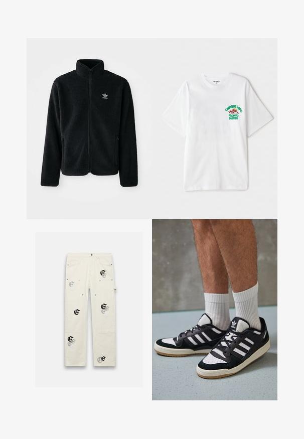 Must värviline fleecedee peasärk kõrge kraega, tõmblukuga esiosa ja esikotid. Omab tekstuuriga kangast ja väikest valget logo vasakul rinnal.; Valge puuvillane T-särk, mille vasakus rinnakus on roheline ja punane graafiline tekst, mis ütleb "cashart Who Pronto Subito." Lühikesed varrukad.; Kerged helebeežid cargo pükstest, millel on mitmed taskud ja must-hõbedased graafilised kujundid. Valmistatud vastupidavast kangast, millel on vabalt langev lõige.; Mustvalged ja valged spordijalatsid, mille pealmine osa on valmistatud suede'ist ja nahast. Kingadel on kolm valget riba, auguline varvas ja kummist tald.