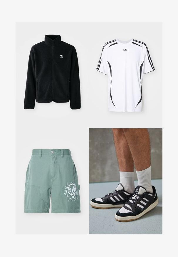 Svart fleecejakke med høy krage, glidelås foran og frontlommer. Har strukturert stoff og liten hvit logo på venstre bryst.; Hvit t-skjorte med kort erme, med svarte sidelapper og tre svarte striper på skuldrene. Inkluderer liten svart logo på brystet.; Grønne bomullsshorts med avslappet passform, med to frontlommer og et hvitt solgrafikk på høyre ben. Enkelt nedre kant, ingen mønstre.; Sorte og hvite sneakers med overdel i semsket skinn og lær, med tre hvite striper, perforert tå og en såle av gummi.