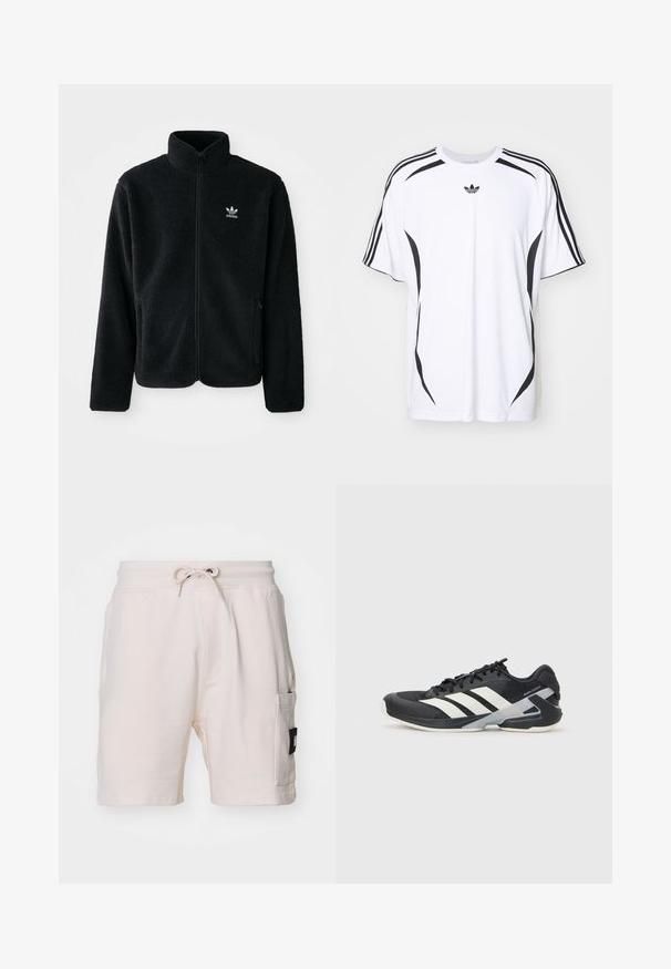 Schwarze Fleecejacke mit hohem Kragen, durchgehendem Reißverschluss und Fronttaschen. Verfügt über strukturiertes Material und ein kleines weißes Logo auf der linken Brust.; Weißes Kurzarm-T-Shirt mit schwarzen seitlichen Akzenten und drei schwarzen Streifen auf den Schultern. Enthält ein kleines schwarzes Logo auf der Brust.; Helle beige Baumwollshorts mit einem elastischen Bund, Kordelzug, seitlichen Taschen und einem auffälligen schwarzen Patch-Label an der Seite.; Schwarzer Sportschuh mit weißen Streifen, Obermaterial aus Mesh, runde Zehenform und gepolstertem Sohlenteil. Verfügt über eine strukturierte Ferse und ein sicheres Schnürsystem.