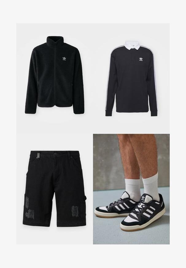 Black fleece jacket with high collar, zip front, and front pockets. Features textured fabric and small white logo on left chest.; Black long-sleeve polo shirt with white collar and three white stripes along the sleeves; features an embroidered Adidas logo on the chest.; Black denim cargo shorts with a relaxed fit, featuring distressed patches, front pockets, and side cargo pockets for added utility.; Black and white sneakers with a suede and leather upper, featuring three white stripes, a perforated toe, and a gum rubber sole.