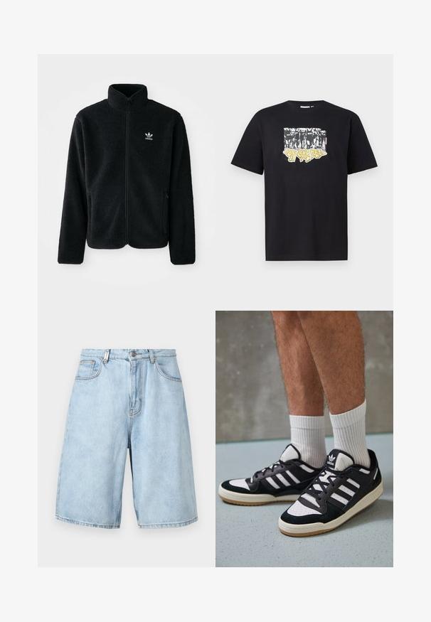 Svart fleecejakke med høy krage, glidelås foran og frontlommer. Har strukturert stoff og liten hvit logo på venstre bryst.; Svart bomulls t-skjorte med grafisk trykk i hvitt og gult med teksten "IRON LIKE HELL" og design av silhuetter.; Lys blå denimshorts med en avslappet passform, med to frontlommer, glidelås og synlige sømdetaljer.; Sorte og hvite sneakers med overdel i semsket skinn og lær, med tre hvite striper, perforert tå og en såle av gummi.