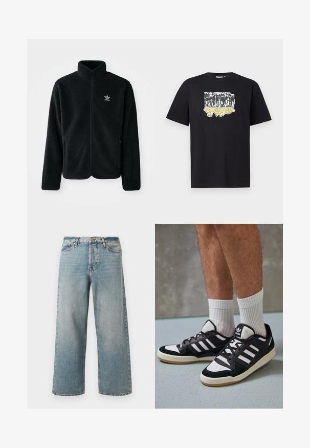 Casaco de fleece preto com gola alta, fecho de correr à frente e bolsos frontais. Apresenta um tecido texturizado e um pequeno logo branco no lado esquerdo do peito.; T-shirt preta de algodão com uma impressão gráfica em branco e amarelo com o texto "IRON LIKE HELL" e um design de silhuetas.; Jeans de cintura alta, largos e azul claro, com fecho de botão e zíper na frente, cinco bolsos e detalhes desbotados no tecido.; Ténis em preto e branco com upper em camurça e couro, apresentando três riscas brancas, um toe perfurado e uma sola em borracha de goma.