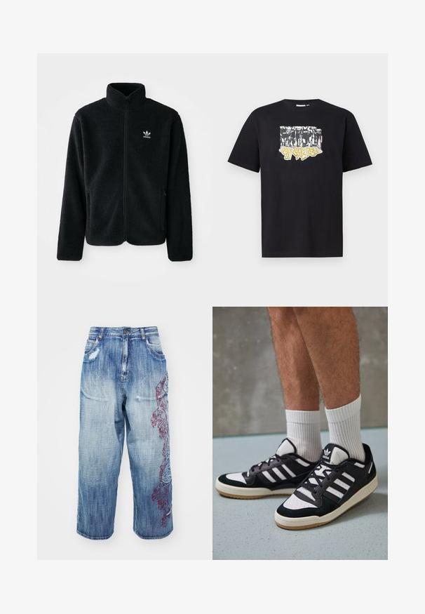 Černá fleecová bunda s vysokým límcem, předním zipem a předními kapsami. Disponuje strukturovanou tkaninou a malým bílým logem na levé hrudi.; Černé bavlněné tričko s grafickým potiskem v bílé a žluté barvě, s textem "IRON LIKE HELL" a designem siluet.; Světlé modré džíny s širokým střihem, které mají poškozené detaily a propracované červené vyšívané akcenty po straně.; Černobílé tenisky s vrchní částí z semišové a kožené kůže, včetně tří bílých pruhů, perforovaného špičky a podrážky z gumy.