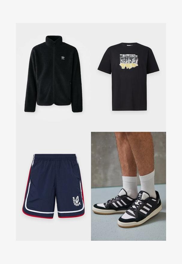 Casaco de fleece preto com gola alta, fecho de correr à frente e bolsos frontais. Apresenta um tecido texturizado e um pequeno logo branco no lado esquerdo do peito.; T-shirt preta de algodão com uma impressão gráfica em branco e amarelo com o texto "IRON LIKE HELL" e um design de silhuetas.; Calções de banho azul marinho com riscas laterais brancas e vermelhas, cintura elástica e um logótipo com um cone de gelado na parte da frente.; Ténis em preto e branco com upper em camurça e couro, apresentando três riscas brancas, um toe perfurado e uma sola em borracha de goma.