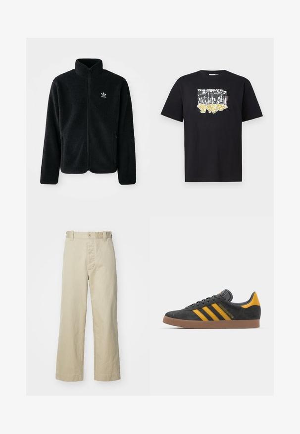 Schwarze Fleecejacke mit hohem Kragen, durchgehendem Reißverschluss und Fronttaschen. Verfügt über strukturiertes Material und ein kleines weißes Logo auf der linken Brust.; Schwarzes Baumwoll-T-Shirt mit einem grafischen Druck in Weiß und Gelb, versehen mit dem Text "IRON LIKE HELL" und einem Design von Silhouetten.; Beige Baumwollhose mit geradem Schnitt, mit Knopfverschluss vorne und Gürtelschlaufen; glatte Textur ohne Muster.; Schwarze Wildledersneaker mit gelben Akzenten, ausgestattet mit drei Streifen und einer braunen Gummisohle. Enthält eine gepolsterte Zunge für zusätzlichen Komfort.