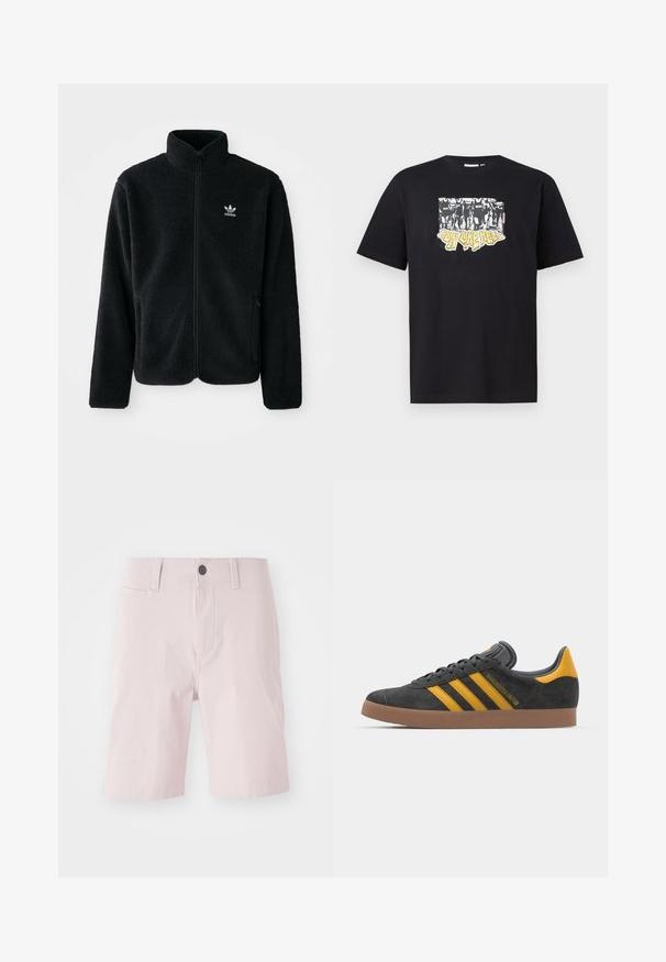 Veste en polaire noire avec col haut, fermeture éclair à l'avant et poches перед тобой. Présente un tissu texturé et un petit logo blanc sur la poitrine gauche.; T-shirt en coton noir avec un imprimé graphique en blanc et jaune portant le texte "IRON LIKE HELL" et un design de silhouettes.; Shorts roses clairs en coton, avec une taille plate, des passants de ceinture, une fermeture à bouton unique et des poches latérales. Texture lisse.; Baskets en suede noir avec des accents jaunes, présentant trois rayures et une semelle en caoutchouc marron. Comprend une languette rembourrée pour le confort.