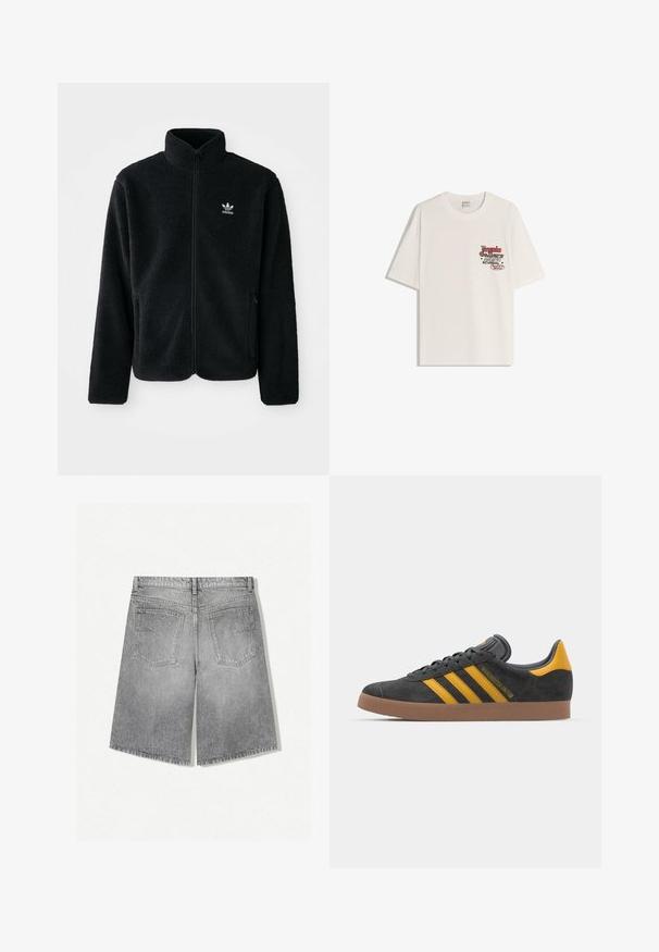 Giacca in pile nera con colletto alto, chiusura zip frontale e tasche anteriori. Presenta un tessuto testurizzato e un piccolo logo bianco sul lato sinistro del petto.; T-shirt in cotone bianco a maniche corte, con scollatura rotonda. Presenta una grafica stampata in rosso e nero nella zona sinistra del petto.; Shorts in denim grigio, lunghezza fino al ginocchio, con una vestibilità rilassata. Presentano due tasche posteriori, cuciture in vista e un orlo leggermente sfrangiato.; Sneaker in suede nero con dettagli gialli, dotato di tre strisce e una suola in gomma marrone. Include una linguetta imbottita per il comfort.