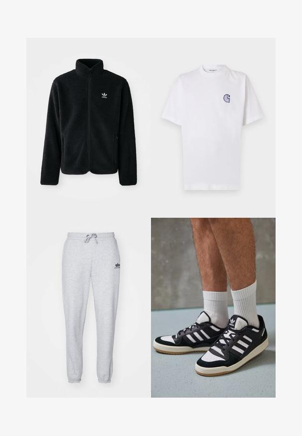 Sort fleecejakke med høj krave, lynlås foran og frontlommer. Har tekstureret stof og lille hvidt logo på venstre bryst.; Hvid bomuld t-shirt med korte ærmer, rund halsudskæring og et lille, broderet blåt "C"-logo på venstre side af brystet.; Lys grå sweatpants med snor i taljen, elastiske manchetter og et lille marineblåt logo på venstre lår. Blødt, struktureret stof.; Sorte og hvide sneakers med en overdel i ruskind og læder, der har tre hvide striber, en perforeret tå og en sål i gummigummi.