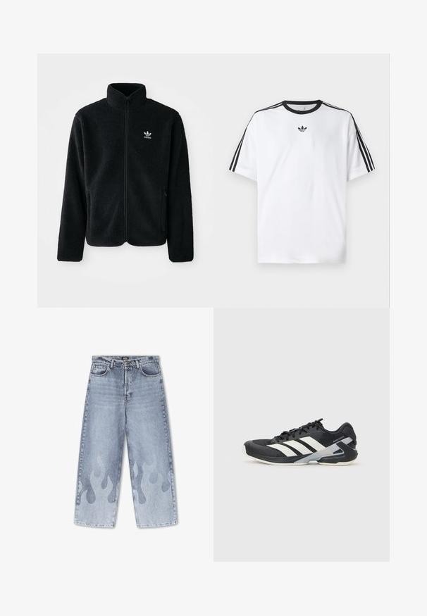 Must värviline fleecedee peasärk kõrge kraega, tõmblukuga esiosa ja esikotid. Omab tekstuuriga kangast ja väikest valget logo vasakul rinnal.; Valge puuvillane T-särk, millel on must ümmargune kaelus ja kolm musta triipu igal õlal. Rinnal väike must logo.; Heledad hall sinine teksapüksid, millel on lai jalatükk; alumistel jalgadel on peen leekmuster heledamas toonis. Klassikaline viie tasku disain.; Mustad sportlik jalanõud mustade värvidega, valgete triipudega, võrgusilma pealmine osa, ümar varvas ja pehme tallaga. Omab tekstureeritud kontsa ja kindlat paeltesüsteemi.