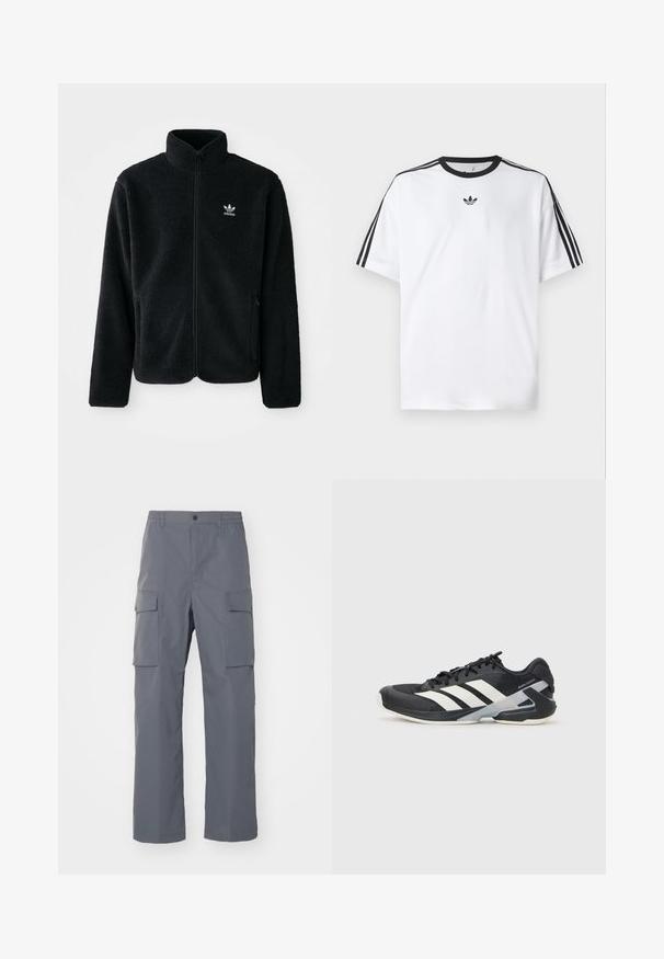 Čierna fleecová bunda s vysokým golierom, zipsom na prednej strane a prednými vreckami. Obsahuje textúrovanú tkaninu a malé biele logo na ľavej hrudi.; Biela tričko vyrobené z bavlny, so čiernym okrúhlym výstrihom a tromi čiernymi pruhmi na každom pleci. Malé čierne logo na hrudi.; Šedé cargo nohavice vyrobené z odolnej tkaniny. Medzi vlastnosti patrí elastický pás, dve veľké bočné vrecká a strih s rovnými nohavicami.; Čierna športová obuv s bielymi pruhmi, sieťovinový zvršok, zaoblená špička a polstrovaná podrážka. Obsahuje štruktúrovaný opätok a bezpečný systém šnurovania.