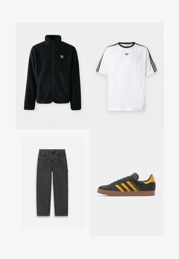 Must värviline fleecedee peasärk kõrge kraega, tõmblukuga esiosa ja esikotid. Omab tekstuuriga kangast ja väikest valget logo vasakul rinnal.; Valge puuvillane T-särk, millel on must ümmargune kaelus ja kolm musta triipu igal õlal. Rinnal väike must logo.; Tumedate hallid teksapüksid otse jalgade lõikega, viie tasku stiiliga ja nähtava nupu ning lukuga sulgemine. Minimalistlik kujundus.; Mustad sametist spordijalatsid kollaste aktsentidega, millel on kolm triipu ja pruun kummitald. Mugavuse tagamiseks on neil pehmendatud keele osa.