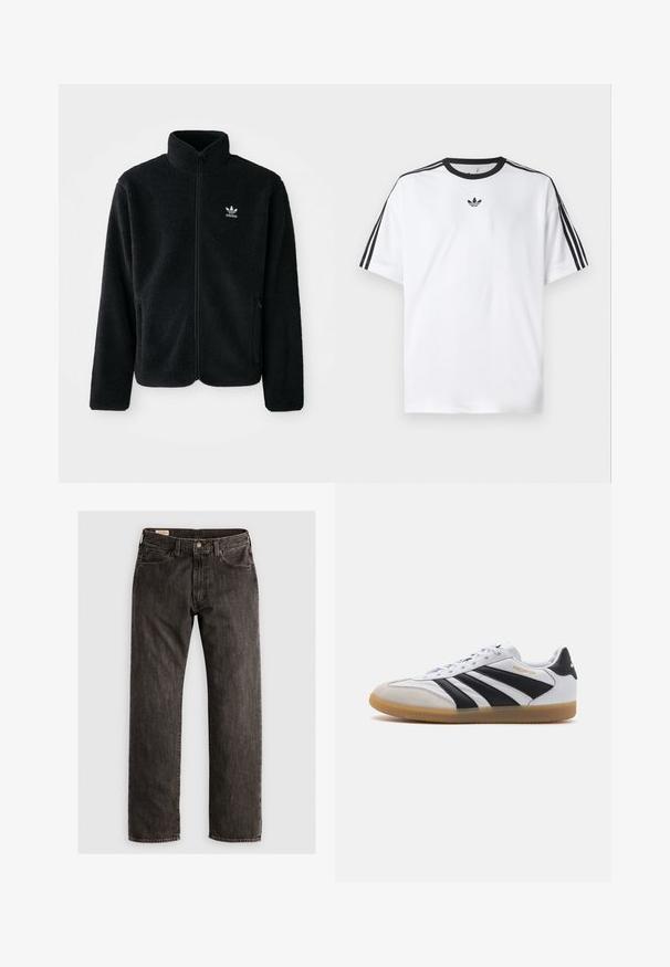 Black fleece jacket with high collar, zip front, and front pockets. Features textured fabric and small white logo on left chest.; White T-shirt made of cotton, featuring a black round neckline and three black stripes on each shoulder. Small black logo on the chest.; Straight-leg black denim jeans with button and zipper closure, front and back pockets, and belt loops.; White leather sneakers with black stripes and accents, gray suede toe cap, and gum sole; features lace-up design and "Predator" branding.