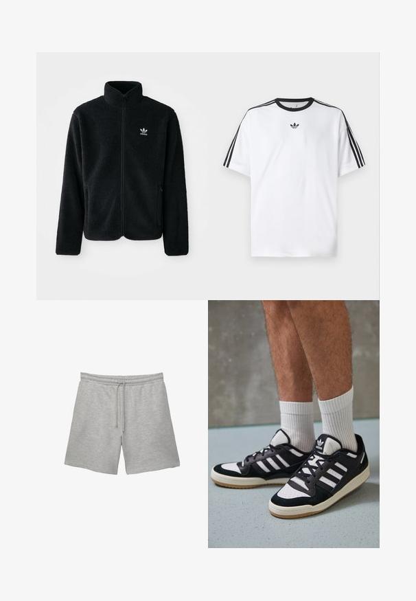 Črna flis jakna z visokim ovratnikom, z zadrgo spredaj in sprednjimi žepi. Ima strukturno blago in majhno belo logo na levi strani prsnega koša.; Bela majica iz bombaža z črnimi okroglimi izrezi in tremi črnimi črtami na vsakem ramu. Majhen črn logotip na prsih.; Sive bombažne kratke hlače z elastičnim pasom in vrvico, ki imajo dva stranska žepa in mehak, teksturiran zaključek.; Črno-bele superge z zgornjim delom iz usnja in nubuka, ki imajo tri bele črte, perforiran vrh prstov in podplat iz gume.