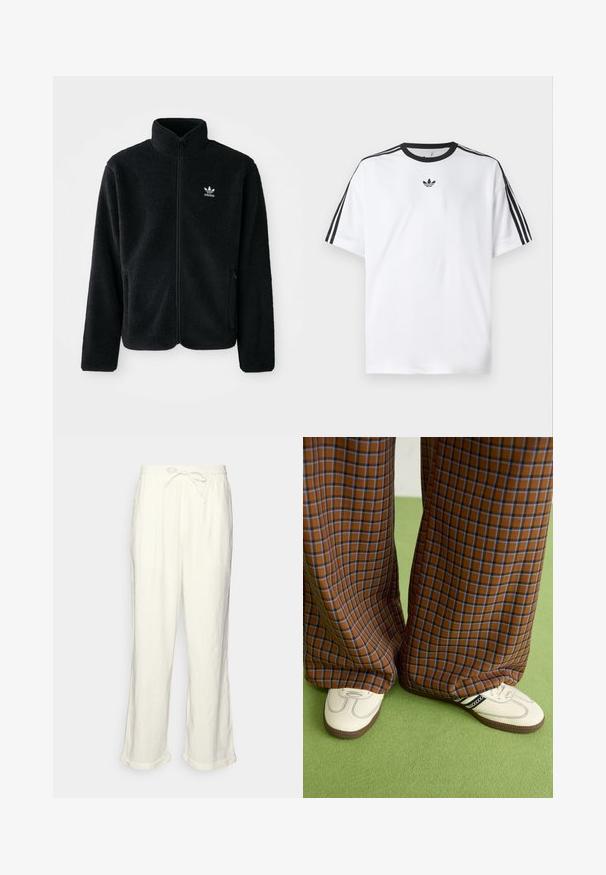 Schwarze Fleecejacke mit hohem Kragen, durchgehendem Reißverschluss und Fronttaschen. Verfügt über strukturiertes Material und ein kleines weißes Logo auf der linken Brust.; Weißes T-Shirt aus Baumwolle mit einem schwarzen, runden Halsausschnitt und drei schwarzen Streifen auf jeder Schulter. Kleines schwarzes Logo auf der Brust.; Leinenhose in Off-White mit einem Bund zum Kordelziehen, leicht weitem Bein und umgeschlagenen Säumen für eine entspannte Passform. Keine Taschen.; Braun und blaue Karohosen mit weitem Bein, kombiniert mit weißen Schuhen mit schwarzen Akzenten und strukturierten Sohlen, vor einem grünen Hintergrund.