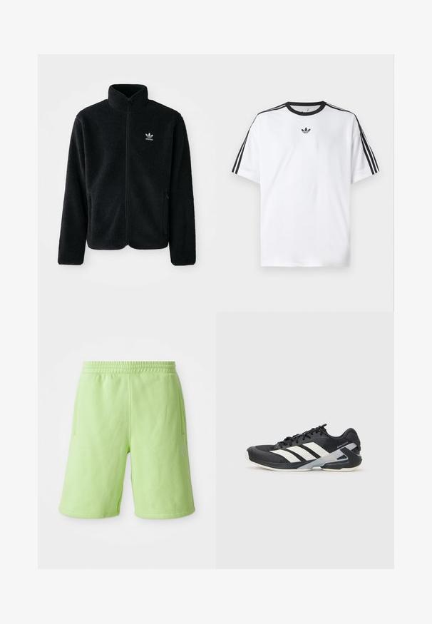 Černá fleecová bunda s vysokým límcem, předním zipem a předními kapsami. Disponuje strukturovanou tkaninou a malým bílým logem na levé hrudi.; Bílá bavlněná tričko s černým kulatým výstřihem a třemi černými pruhy na každém rameni. Malé černé logo na hrudi.; Limetkově zelené kraťasy vyrobené z měkké látky, s elastickým páskem, bočními kapsami a malým bílým logem na dolní pravé straně.; Černá sportovní obuv s bílými pruhy, síťovaným svrškem, zaoblenou špičkou a polstrovanou podrážkou. Obsahuje texturovanou patu a bezpečný systém šněrování.