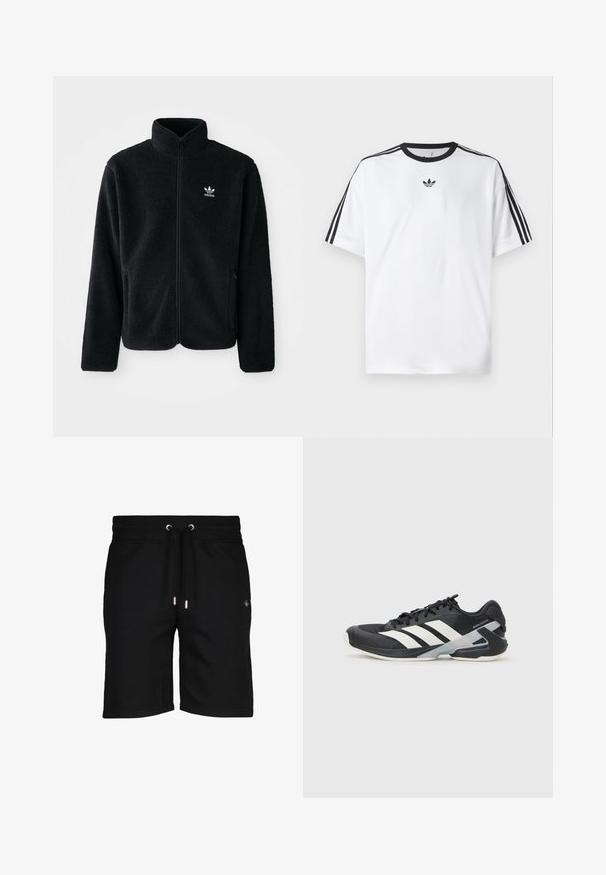 Svart fleecejakke med høy krage, glidelås foran og frontlommer. Har strukturert stoff og liten hvit logo på venstre bryst.; Hvit T-skjorte laget av bomull, med svart rund hals og tre svarte striper på hver skulder. Liten svart logo på brystet.; Sorte bomullsshorts med snor i midjen, sølvfargede øyer og subtil logo detaljer på venstre side. Jevn tekstur og kne-lengde passform.; Svart treningssko med hvite striper, mesh-overdel, avrundet tå og polstret såle. Har en teksturert hæl og et sikkert snøresystem.