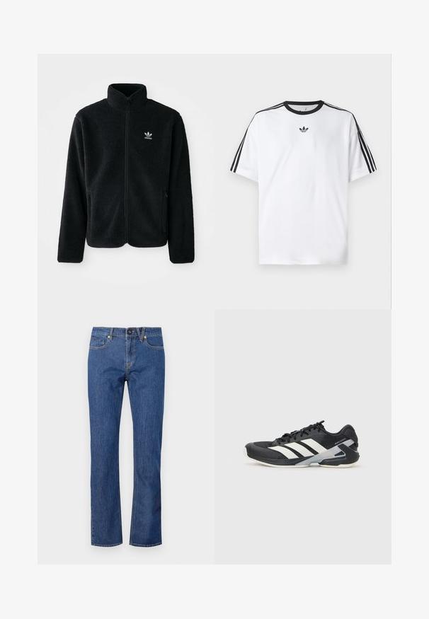 Svart fleecejakke med høy krage, glidelås foran og frontlommer. Har strukturert stoff og liten hvit logo på venstre bryst.; Hvit T-skjorte laget av bomull, med svart rund hals og tre svarte striper på hver skulder. Liten svart logo på brystet.; Blå denim straight-leg jeans med knappelukking, beltehemper og fem lommer med subtile broderidetaljer.; Svart treningssko med hvite striper, mesh-overdel, avrundet tå og polstret såle. Har en teksturert hæl og et sikkert snøresystem.