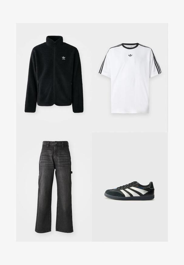 Casaco de fleece preto com gola alta, fecho de correr à frente e bolsos frontais. Apresenta um tecido texturizado e um pequeno logo branco no lado esquerdo do peito.; Camiseta branca em algodão, com gola redonda preta e três riscas pretas em cada ombro. Pequeno logótipo preto no peito.; Calças de ganga largas, pretas, feitas de algodão macio com um acabamento desbotado. Apresentam um fecho frontal com botão e bolsos laterais.; adidas Performance PREDATOR FREESTYLE JUDE INDOOR FOOTBALL SHOES - Botas de futebol de salão - core black/silver-coloured/glory blue