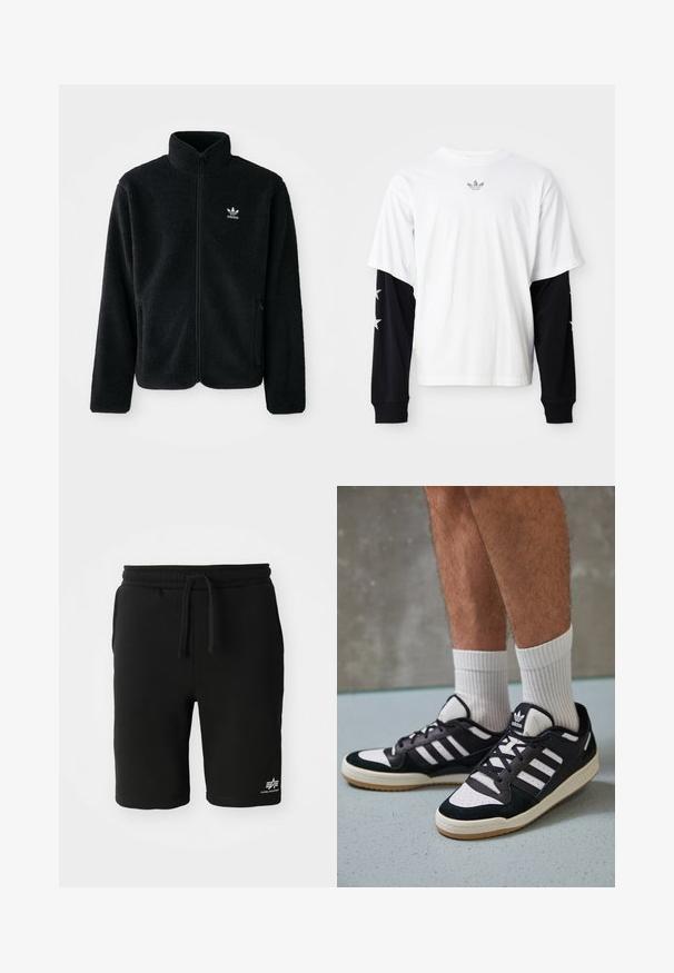 Schwarze Fleecejacke mit hohem Kragen, durchgehendem Reißverschluss und Fronttaschen. Verfügt über strukturiertes Material und ein kleines weißes Logo auf der linken Brust.; Weißes T-Shirt mit kurzen Ärmeln und schwarzen langen Ärmeln. Die schwarzen Ärmel haben weiße Sternmuster. Aus weichem Baumwollmaterial, im lässigen Schnitt.; Schwarze Baumwollshorts mit einem elastischen Bund, Kordelzug, Seitentaschen und einem weißen Logodetail am unteren Saum. Glatte Textur.; Schwarz-weiße Sneaker mit einem Obermaterial aus Wildleder und Leder, ausgestattet mit drei weißen Streifen, einer perforierten Zehenpartie und einer Sohle aus Gummi.