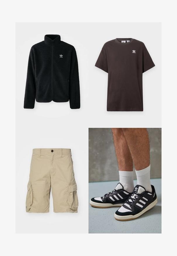 Musta fleece-takki, jossa on korkea kaulus, vetoketjusuljenta ja etutaskut. Käyttää teksturoitua kangasta ja siinä on pieni valkoinen logo vasemmassa rinnassa.; Tummanruskea puuvillaneulepaita, jossa on lyhyet hihat, pyöreä kaula-aukko ja valkoinen Adidas-logo vasemmassa rinnassa. Yksinkertainen, rento malli.; Beige cargo shorts tehty puuvillakankaasta, jossa on sivutaskut, nappisuljenta ja suora leikkaus. Sujuva pinta.; Valkoiset ja mustat tennarit, joissa on mokkanahka- ja nahkapäällinen, kolme valkoista raitaa, rei'itetty kärki ja kumipohja.