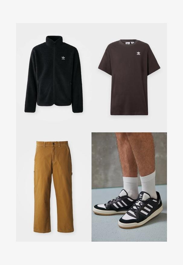 Casaco de fleece preto com gola alta, fecho de correr à frente e bolsos frontais. Apresenta um tecido texturizado e um pequeno logo branco no lado esquerdo do peito.; T-shirt de algodão castanho escuro com mangas curtas, decote redondo e logo branco da Adidas no lado esquerdo do peito. Design simples e de corte descontraído.; Calças de algodão castanhas com corte reto, costuras reforçadas e bolsos laterais. Apresenta fecho de botão e passantes para cinto na cintura.; Ténis em preto e branco com upper em camurça e couro, apresentando três riscas brancas, um toe perfurado e uma sola em borracha de goma.
