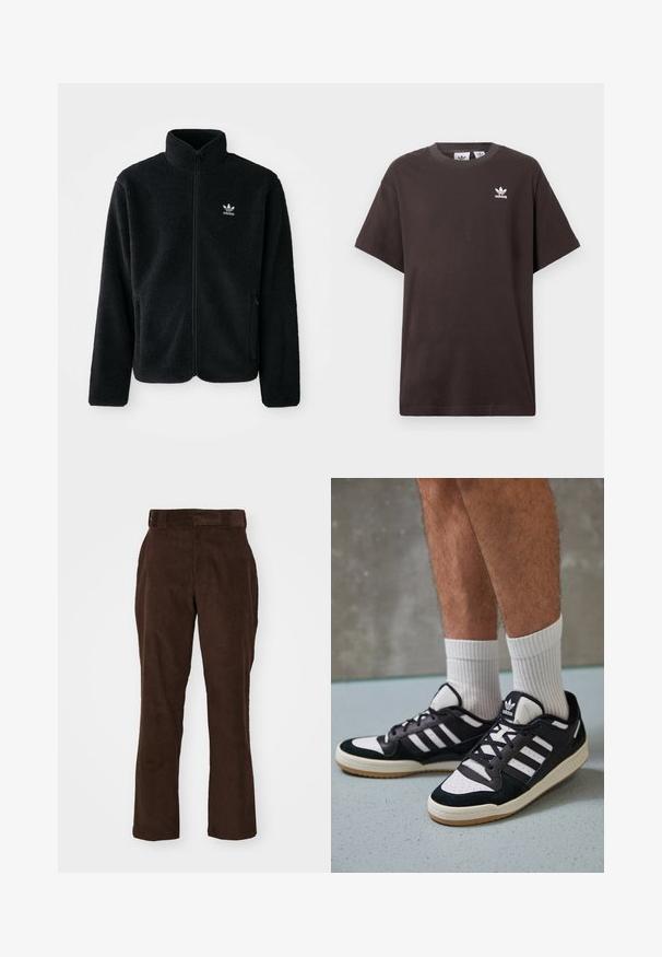 Casaco de fleece preto com gola alta, fecho de correr à frente e bolsos frontais. Apresenta um tecido texturizado e um pequeno logo branco no lado esquerdo do peito.; T-shirt de algodão castanho escuro com mangas curtas, decote redondo e logo branco da Adidas no lado esquerdo do peito. Design simples e de corte descontraído.; Calças de veludo cotelê castanhas com um design de perna reta, apresentando um cós, bolsos laterais e uma superfície macia e texturizada.; Ténis em preto e branco com upper em camurça e couro, apresentando três riscas brancas, um toe perfurado e uma sola em borracha de goma.