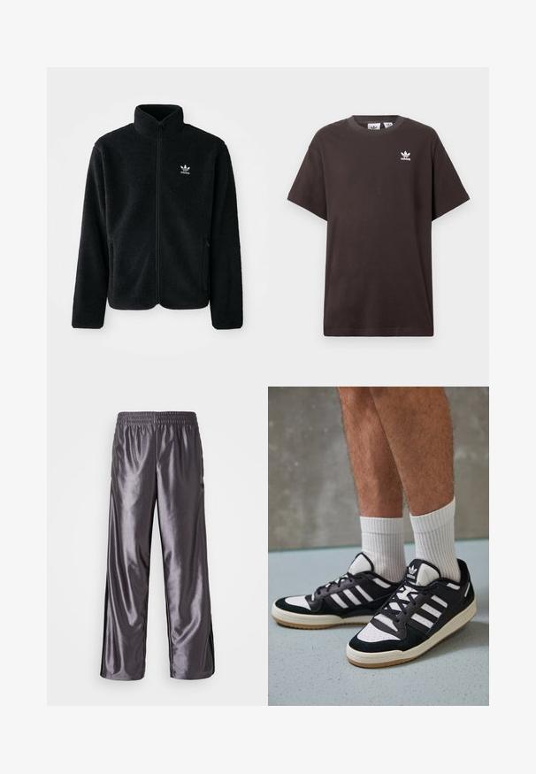 Juodas fliso džemperis su aukštu apykakle, užtrauktuku priekyje ir priekinėmis kišenėmis. Ypatybės: tekstūruota medžiaga ir mažas baltas logotipas kairėje krūtinės pusėje.; Tamsiai ruda medvilninė marškinėlių su trumpomis rankovėmis, apvaliu kaklu ir balta Adidas logotipu kairėje krūtinės pusėje. Paprastas, laisvas siluetas.; Grei blizgūs sportiniai keliai su laisvu pritaikymu, elasticiniu juosmeniu ir juodomis šoninėmis detalėmis. Tekstūra atrodo glotni ir lygi.; Juodos ir baltos sportinės bateliai su zomšiniu ir odiniu viršumi, su trimis baltomis juostelėmis, perforuota koja ir guminėmis padais.