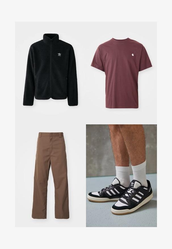 Black fleece jacket with high collar, zip front, and front pockets. Features textured fabric and small white logo on left chest.; Burgundy cotton t-shirt with short sleeves, crew neck, and a small white logo on the left chest. Smooth texture, relaxed fit.; Brown straight-leg pants made from durable fabric with a smooth texture. Features belt loops and a flat front design, suitable for casual wear.; Black and white sneakers with a suede and leather upper, featuring three white stripes, a perforated toe, and a gum rubber sole.
