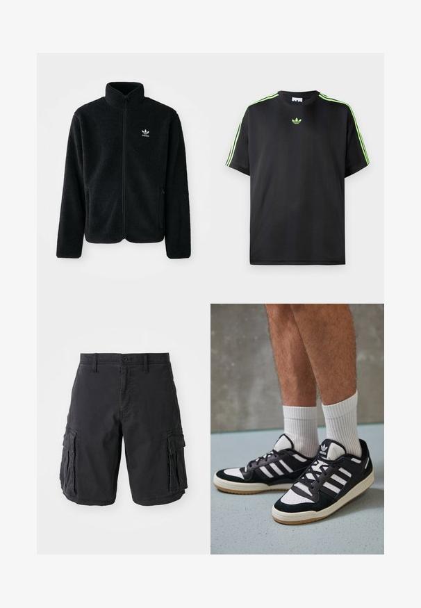 Juodas fliso džemperis su aukštu apykakle, užtrauktuku priekyje ir priekinėmis kišenėmis. Ypatybės: tekstūruota medžiaga ir mažas baltas logotipas kairėje krūtinės pusėje.; Juodas marškinėliai, pagaminti iš lygios medžiagos, su apykakle, turinčia tris žalias juosteles ant pečių ir mažą žalią logotipą ant krūtinės.; Juodos medvilninės cargo šortai, turi daug šoninių kišenių, sagos uždarymą ir laisvą prigludimą. Lygus tekstas ir tvirti siūlai.; Juodos ir baltos sportinės bateliai su zomšiniu ir odiniu viršumi, su trimis baltomis juostelėmis, perforuota koja ir guminėmis padais.