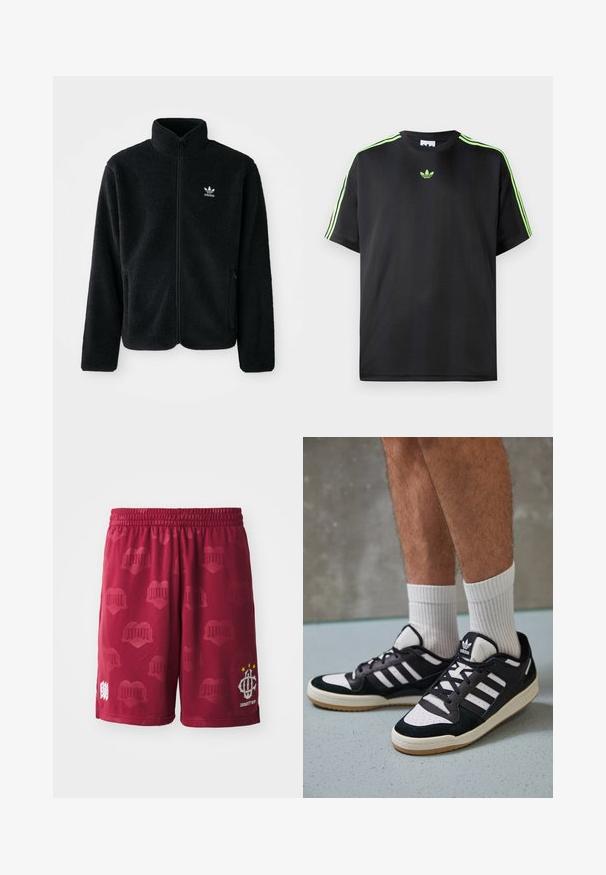 Giacca in pile nera con colletto alto, chiusura zip frontale e tasche anteriori. Presenta un tessuto testurizzato e un piccolo logo bianco sul lato sinistro del petto.; T-shirt nera in tessuto liscio con scollatura a girocollo, caratterizzata da tre strisce verdi sulle spalle e un piccolo logo verde sul petto.; Pantaloni sportivi bordeaux con cintura elastica, caratterizzati da un sottile motivo a cuori e un logo bianco con tre stelle su una gamba.; Sneaker bianco e nero con tomaia in suede e pelle, caratterizzati da tre strisce bianche, punta perforata e suola in gomma naturale.