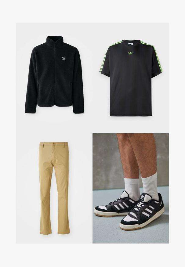 Jachetă din fleece neagră cu guler înalt, fermoar pe față și buzunare frontale. Caracteristici ale materialului texturat și un mic logo alb pe pieptul stâng.; Tricou negru dintr-un material fin, cu guler rotund, având trei dungi verzi pe umeri și un mic logo verde pe piept.; Pantaloni bej deschis din bumbac, cu un design cu picior drept, având un închizător frontal cu nasture și o textură subtilă. Fără modele sau accente.; Adidași negri și albi cu un superior din suede și piele, prevăzuți cu trei dungi albe, un vârf perforat și o talpă din cauciuc caramel.