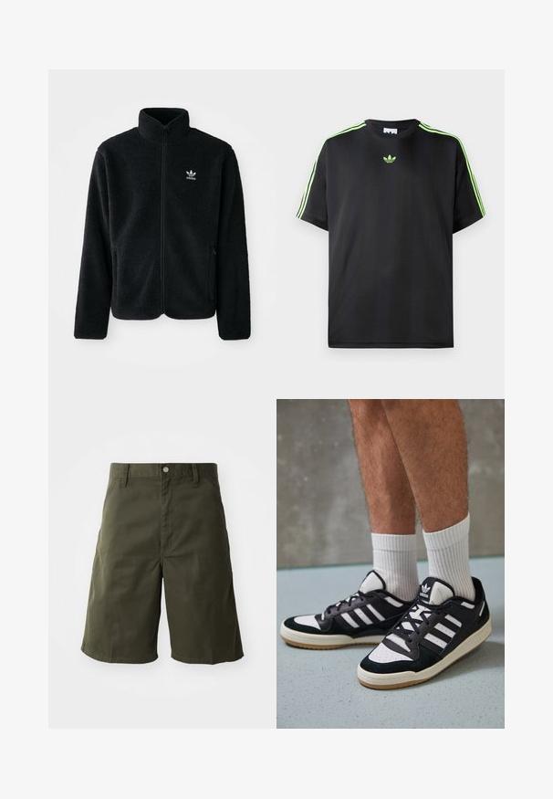 Sort fleecejakke med høj krave, lynlås foran og frontlommer. Har tekstureret stof og lille hvidt logo på venstre bryst.; Sort T-shirt lavet af glat stof med rund halsudskæring, der har tre grønne striber på skuldrene og et lille grønt logo på brystet.; Grønne bomulds shorts med lige ben design, med knaplukning og sidelommer. Glat tekstur, knælang trim.; Sorte og hvide sneakers med en overdel i ruskind og læder, der har tre hvide striber, en perforeret tå og en sål i gummigummi.