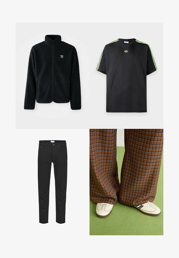 Juodas fliso džemperis su aukštu apykakle, užtrauktuku priekyje ir priekinėmis kišenėmis. Ypatybės: tekstūruota medžiaga ir mažas baltas logotipas kairėje krūtinės pusėje.; Juodas marškinėliai, pagaminti iš lygios medžiagos, su apykakle, turinčia tris žalias juosteles ant pečių ir mažą žalią logotipą ant krūtinės.; Juodos džinsinės kelnės turi penkias kišenes, užtrauktuką, siaurą siluetą ir subtilius siuvinėjimo elementus. Audinys yra lygus ir švelnus.; Rudos ir mėlynos langelinės plačios kelnės, derinamos su baltais batais su juodais akcentais ir tekstūruotais padais, prieš žalią foną.