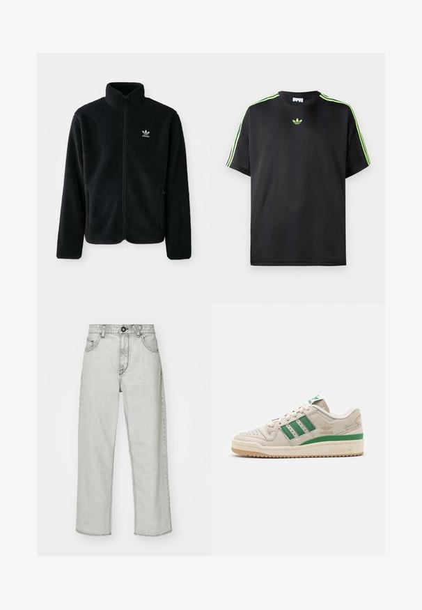 Crna fleec jakna s visokim ovratnikom, prednjim zatvaračem i prednjim džepovima. Ima teksturirani materijal i mali bijeli logo na lijevoj strani prsnog koša.; Crna majica kratkih rukava od glatkog materijala s okruglim izrezom, sa tri zelene pruge na ramenima i malim zelenim logotipom na prsima.; Svijetlosive traperice visokog struka s opuštenim krojem, pet džepova, prednje kopčanje na gumb i suptilan teksturirani uzorak na denimu.; Adidas tenisice s bež kožnim gornjim dijelom, zelenim trakama i gumenim potplatom. Imaju podstavljen ovratnik i perforirani vrh za prozračnost.